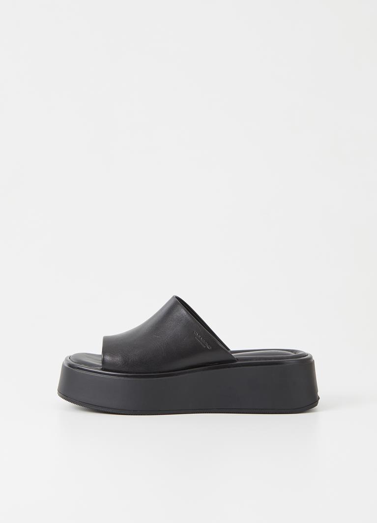 black leather slip on sandals